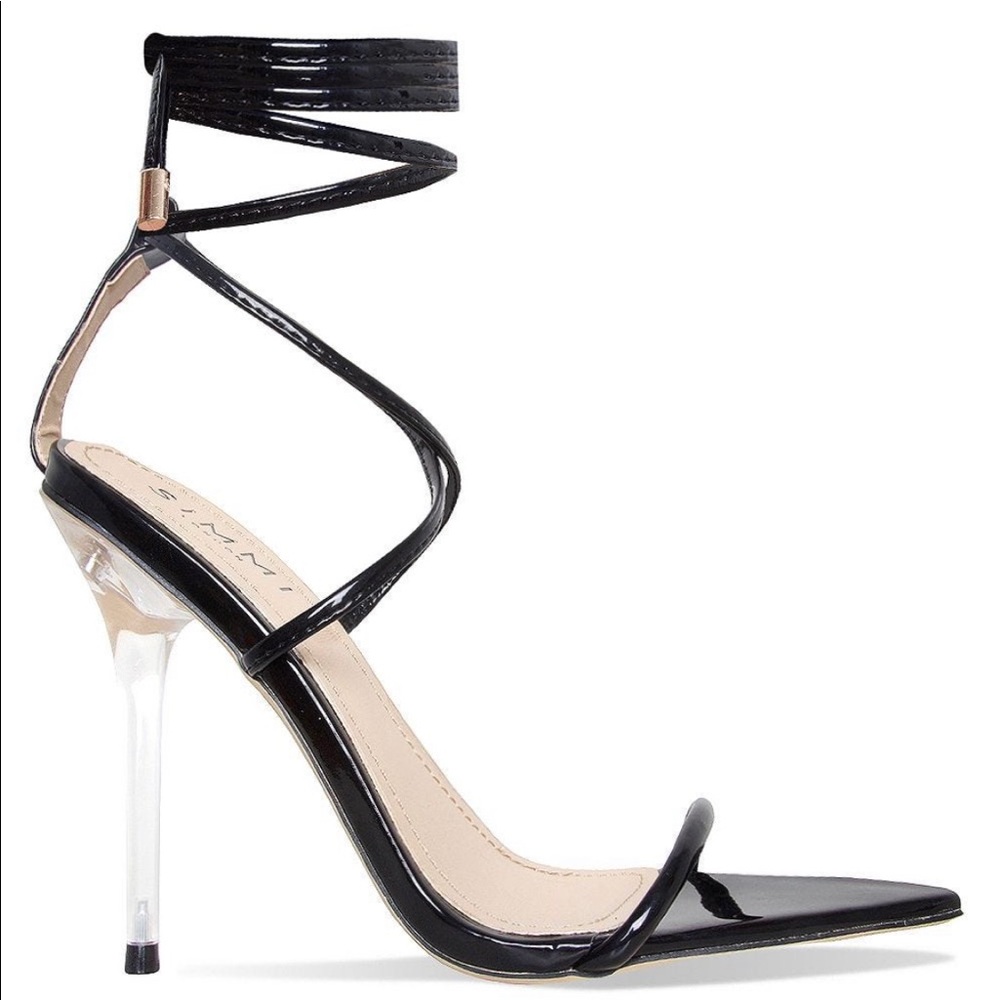 GIZEL BLACK PATENT POINTED LACE UP CLEAR HEELS